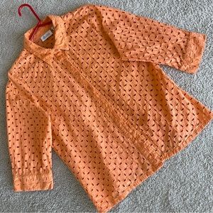 D&CO DENIM &CO Orange/Melon Eyelet Button-Down 3/4 sleeve Size M side slits